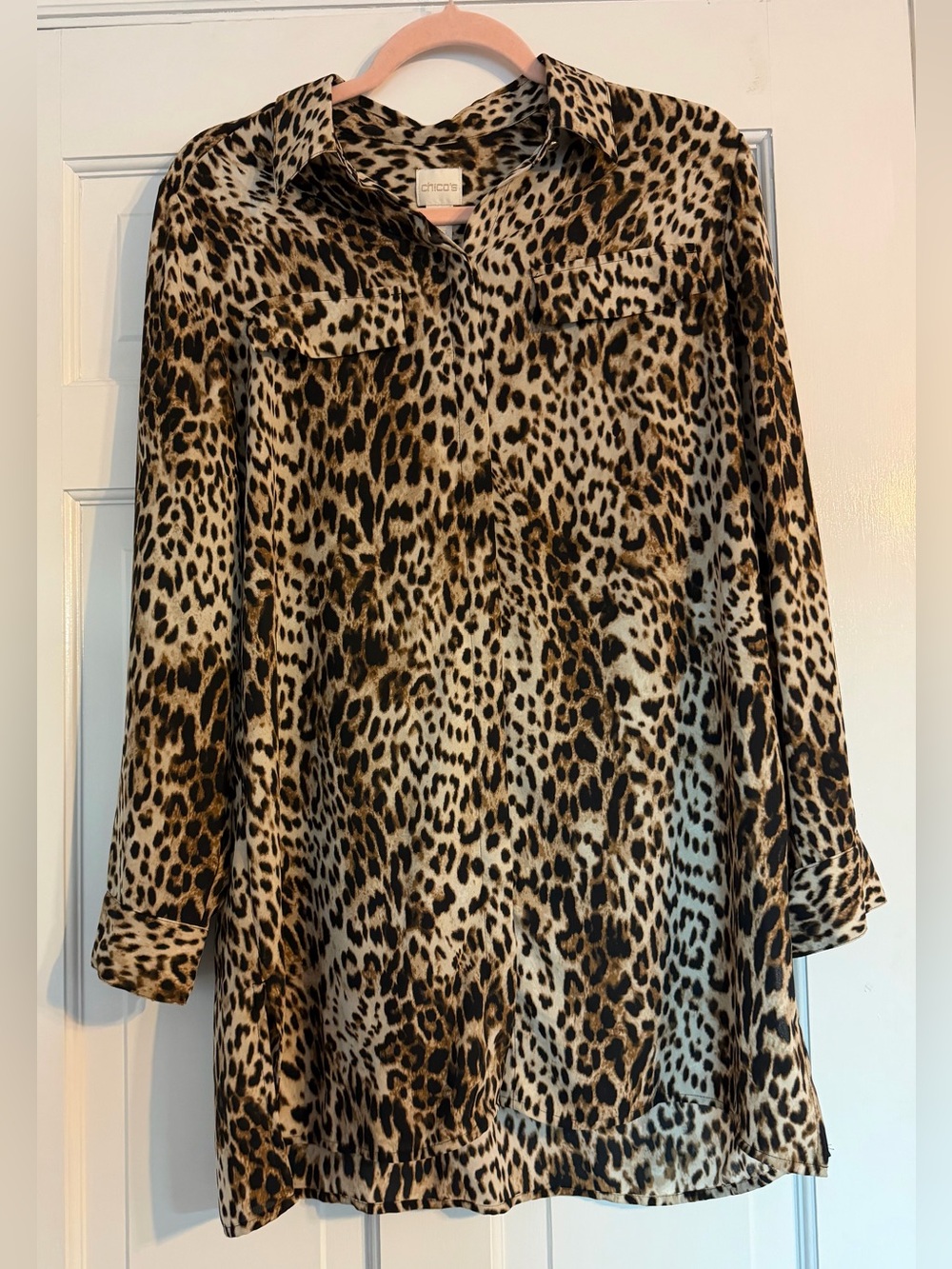 Chico's Leopard Print Button Front Long Sleeve Tunic Shirt Size 1 - Medium
